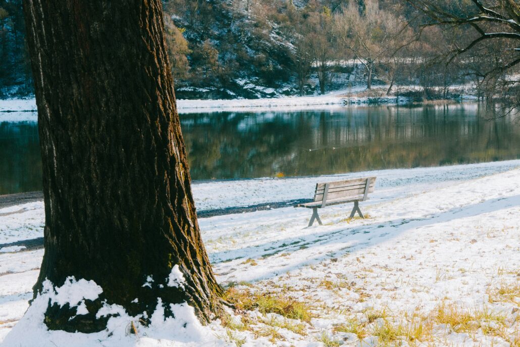 winter landscape with empty bench by a quiet river inviting reflection and stillness