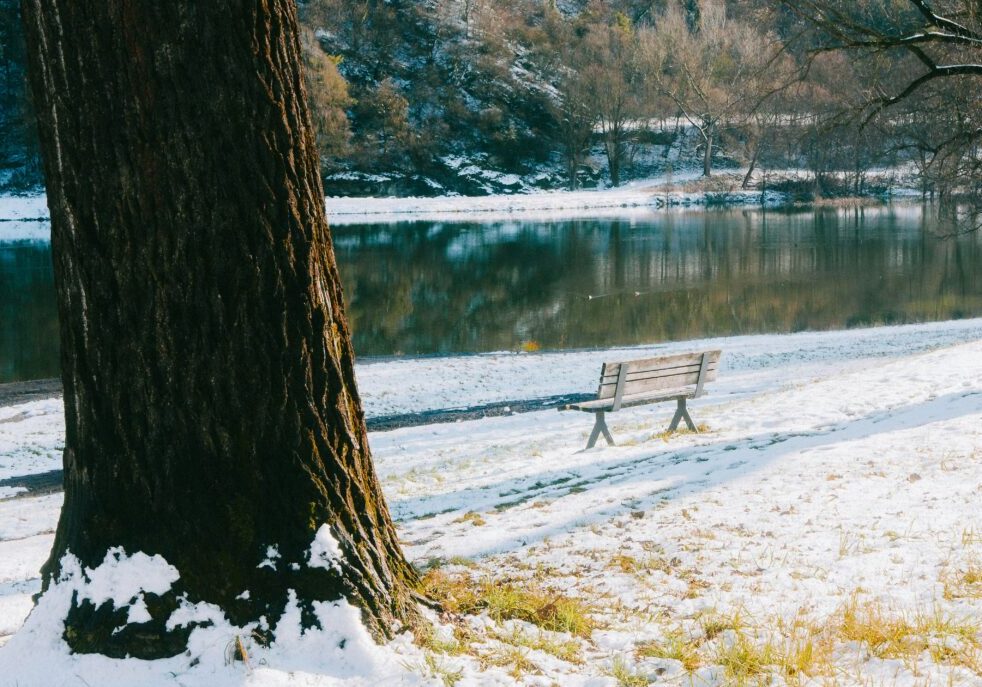 winter landscape with empty bench by a quiet river inviting reflection and stillness